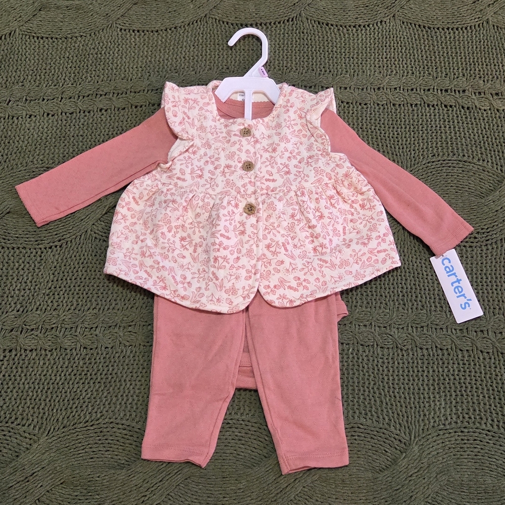 Carters 3-piece Baby Girl Pink Vest Outfit Set Size 9m